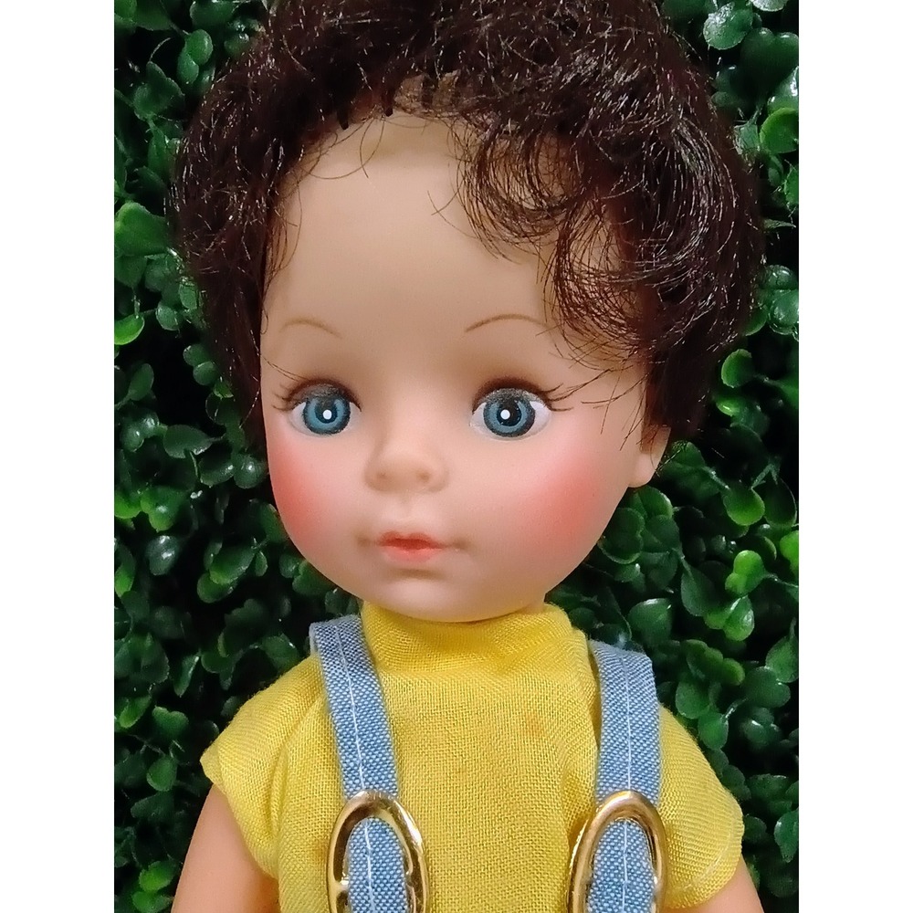 Vintage Plastic Doll Blue Overalls Yellow Shirt Blue Eyes Curly Hair Hong Kong - Picture 4 of 10
